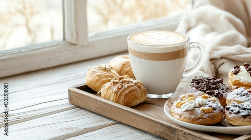 Morning Delight: A cozy morning scene featuring a steaming cup of coffee alongside an assortment of fresh pastries on a rustic wooden tray. The scene is set against a backdrop of a window.