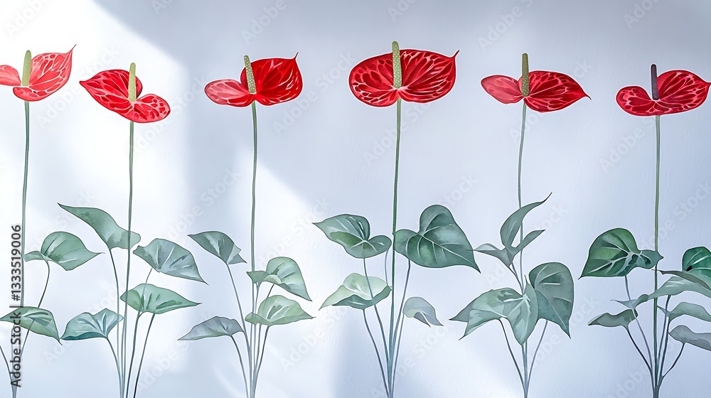 Obraz premium Red Anthuriums for Sunlight, White Wall.