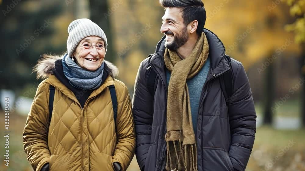 Generational bond: captured the warmth of a moment as a multigenerational duo stroll through a park in the fall. Generational bond: captured the warmth of a moment as a multigenerational duo stroll through a park in the fall.
