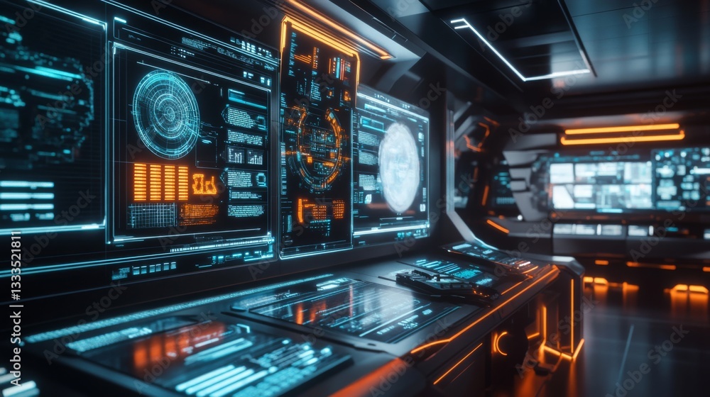 Naklejka premium Futuristic Spaceship Bridge Control Room Interface Displays