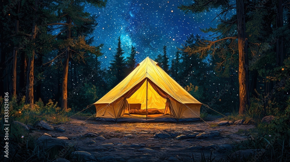 Cozy Camping Tent Illuminated Under Starry Sky in Peaceful Forest Setting at Night Cozy Camping Tent Illuminated Under Starry Sky in Peaceful Forest Setting at Night