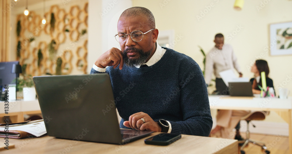 Fototapeta premium Research, glasses and laptop with business man in office for event planner, reading and client feedback. Online, project management and startup with person in creative agency for email and idea