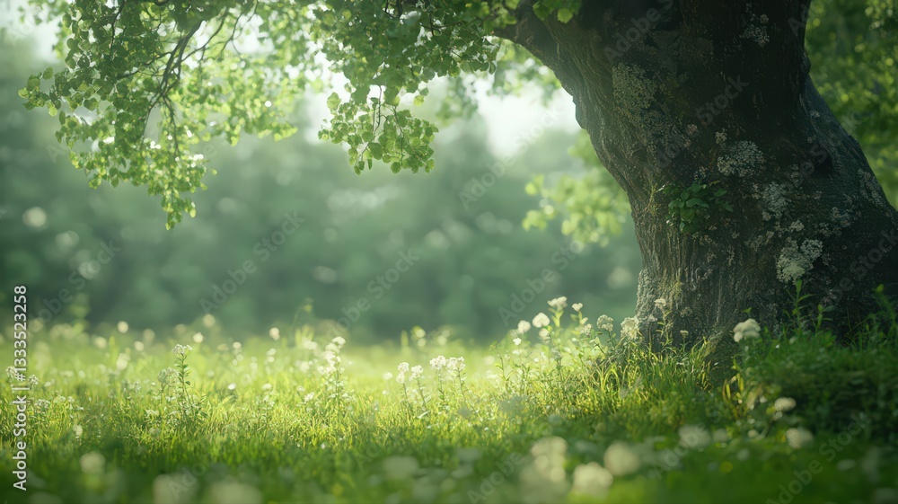 Fototapeta premium Sunlit Meadow with Wildflowers and Majestic Tree Trunk