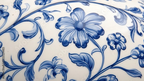 Blue and White Floral Ceramic Pattern Close-Up