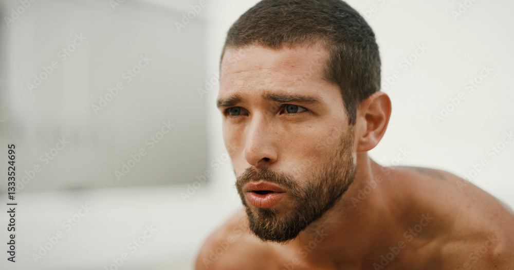 Obraz premium Breathing, outdoor and man with fitness, exercise and calm with rest, wellness and challenge. Healthy person, athlete and guy in street, training or workout with runner, tired or exhausted with break