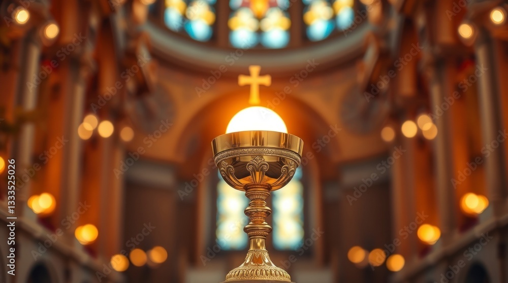 Obraz premium Golden Chalice in Church Lit by Soft Light