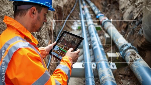 Smart Inspection: A focused engineer in a vibrant work attire examines digital data on a tablet at a construction site, with exposed water pipes, showcasing technological advancements.
