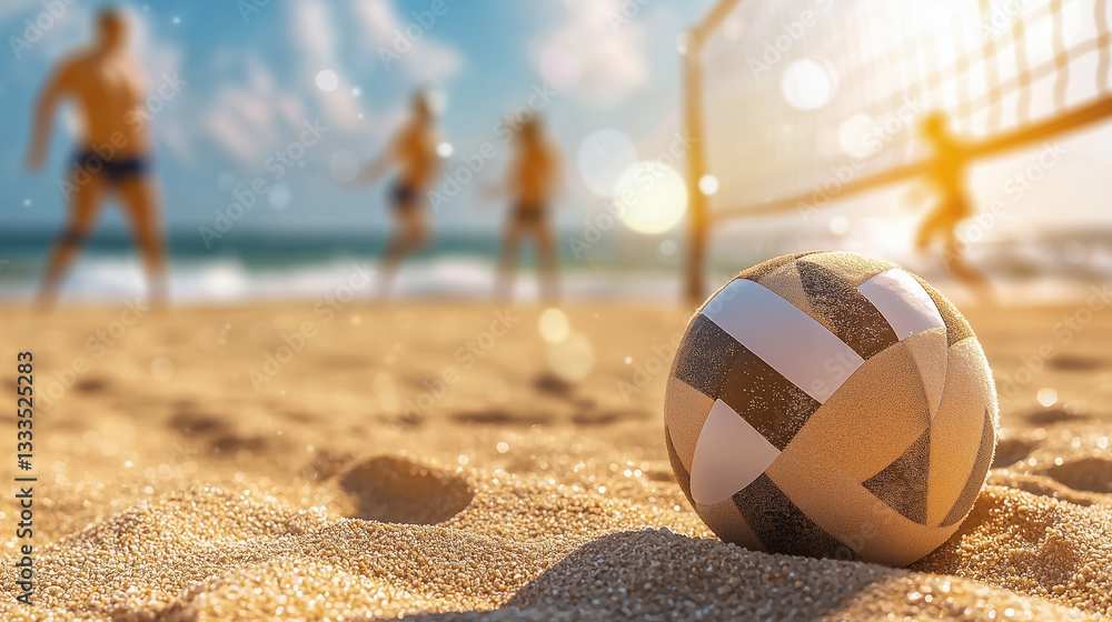 Obraz premium Sunlit Beach Volleyball Scene: Sand-Covered Ball in Focus, Gentle Waves in Distance, Players Jumping and Diving in Lively Summer Action, Capturing the Energy of Coastal Sports with Cinematic Glow