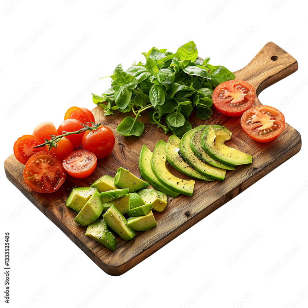 Wooden Cutting Board with Sliced Avocado and Tomatoes Wooden Cutting Board with Sliced Avocado and Tomatoes