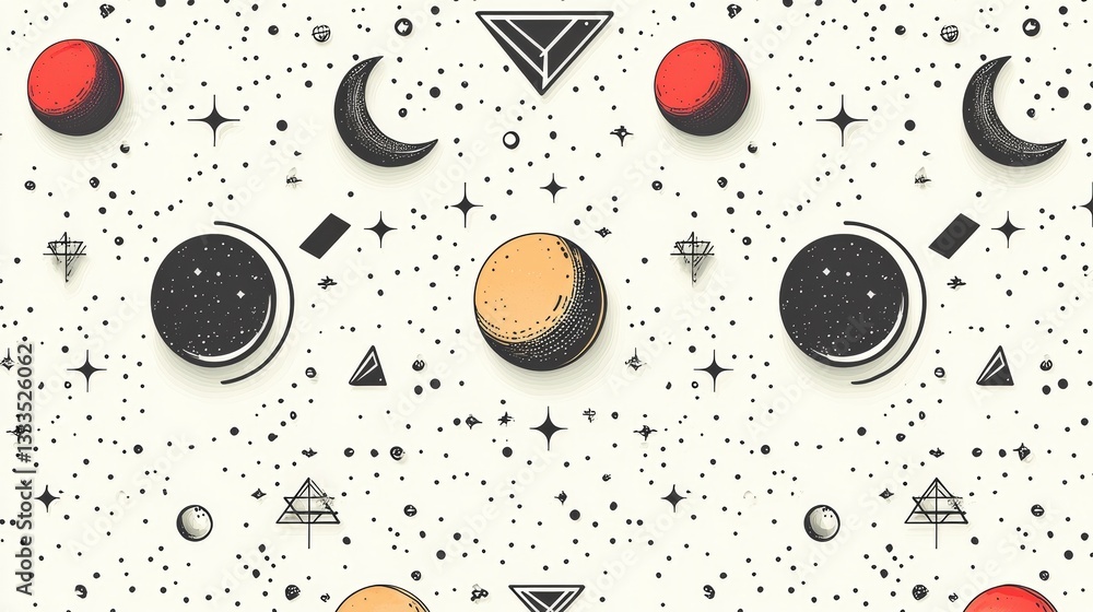 Cosmic Pattern Design Featuring Planets, Stars, Moons, and Abstract Shapes in Illustration Style Cosmic Pattern Design Featuring Planets, Stars, Moons, and Abstract Shapes in Illustration Style