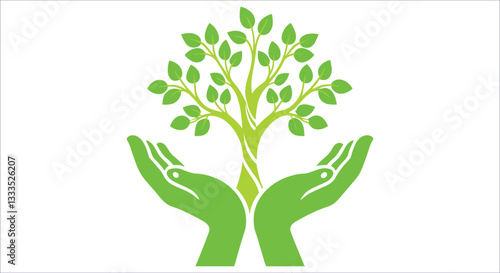 Hand holding green tree vector design. Green nature symbol hands holding tree for eco awareness. Green hands supporting tree environmental care eco growth vector illustration