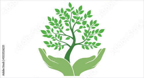 Hand holding green tree vector design. Green nature symbol hands holding tree for eco awareness. Green hands supporting tree environmental care eco growth vector illustration