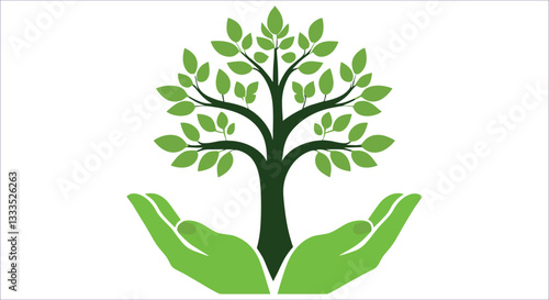 Hand holding green tree vector design. Green nature symbol hands holding tree for eco awareness. Green hands supporting tree environmental care eco growth vector illustration