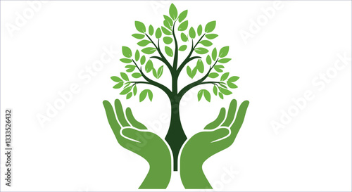 Hand holding green tree vector design. Green nature symbol hands holding tree for eco awareness. Green hands supporting tree environmental care eco growth vector illustration