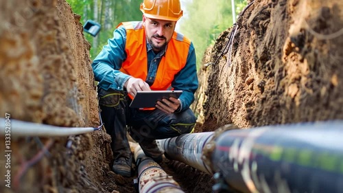 Utility Line Inspection: A diligent engineer, donned in safety attire, meticulously inspects underground utility lines with a digital tablet in hand.