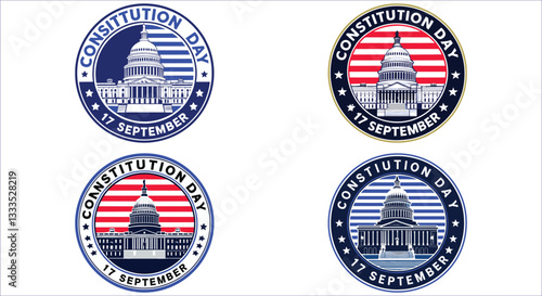 Constitution day badge with US capitol and striped vector design. Capitol building and constitution day vector badge. Patriotic constitution day badge with us capitol vector design
