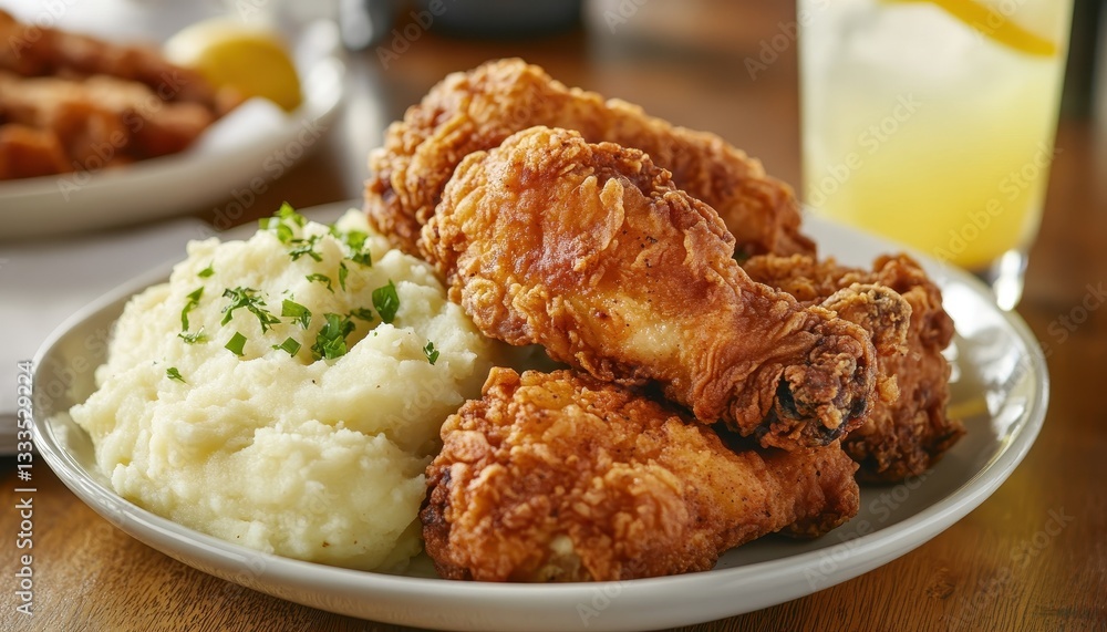 Crispy Fried Chicken and Creamy Mashed Potatoes on a Rustic Wooden Table Crispy Fried Chicken and Creamy Mashed Potatoes on a Rustic Wooden Table