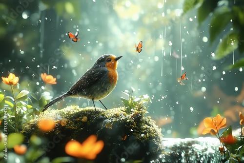 A vibrant scene featuring a small bird perched on mossy ground amidst flowers, with butterflies fluttering around in a soft rain. The background is filled with lush greenery and sparkling droplets.