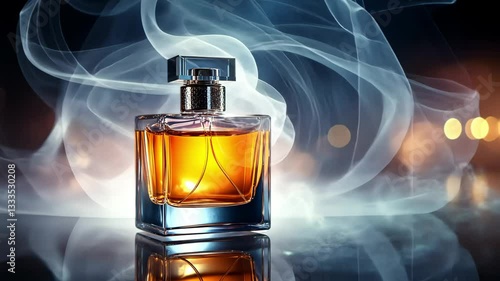 Elegant perfume bottle with amber liquid surrounded by swirling smoke and bokeh lights  
