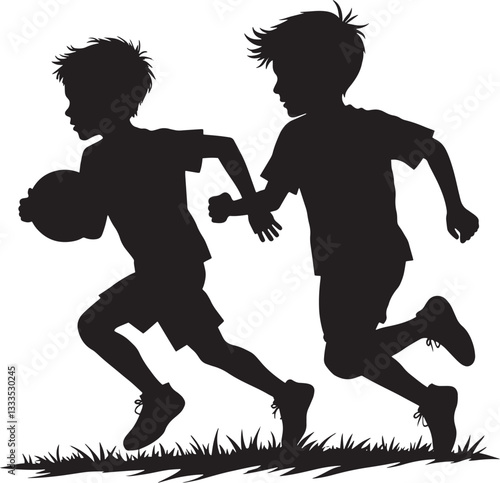 Two boys running with a ball, silhouette on grass.
