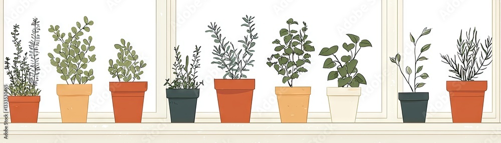 Fototapeta premium Herbs in pots on a windowsill, sunlight through the window. Kitchen decor