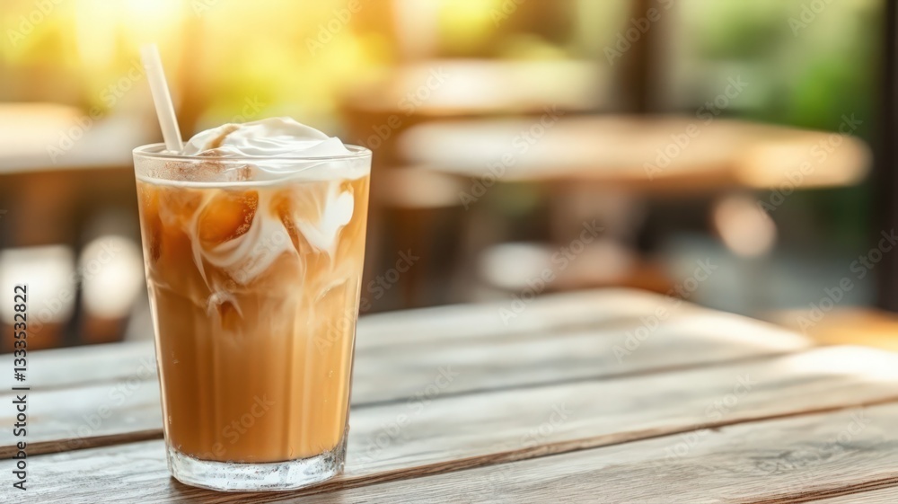 Iced Coffee with Cream on Rustic Wooden Table Outdoors Iced Coffee with Cream on Rustic Wooden Table Outdoors