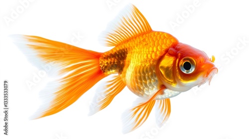 Goldfish swimming with fins outspread on white background