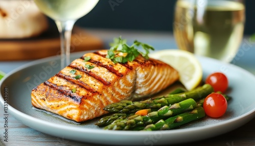 Grilled Salmon with Asparagus and Lemon on a Plate
