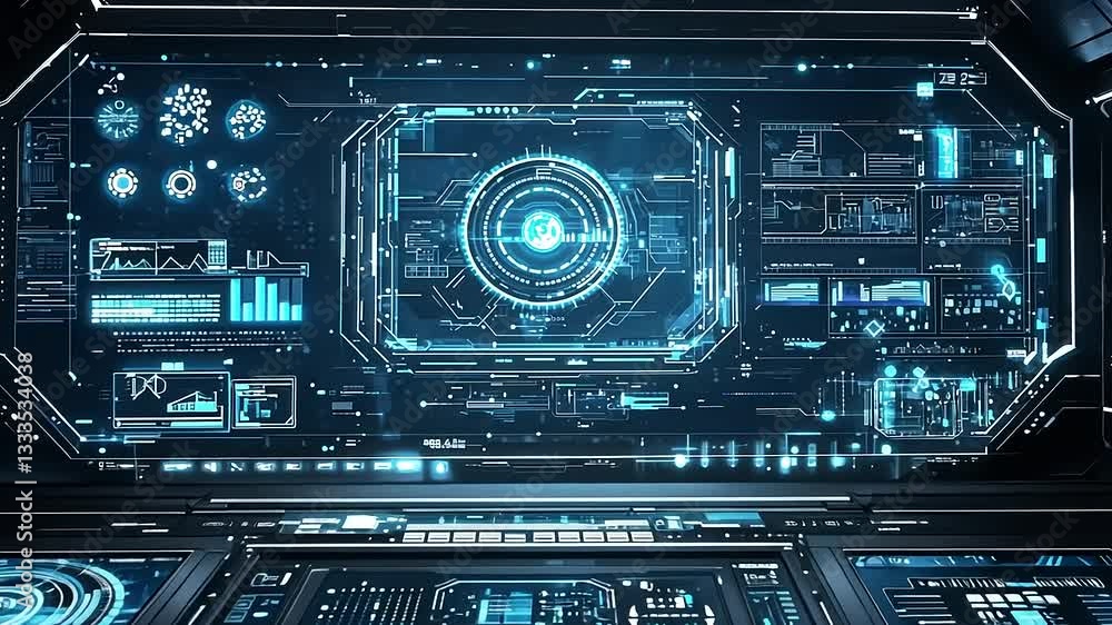 Futuristic spaceship control panel displays intricate glowing data, information, and graphics in blue. Futuristic spaceship control panel displays intricate glowing data, information, and graphics in blue.