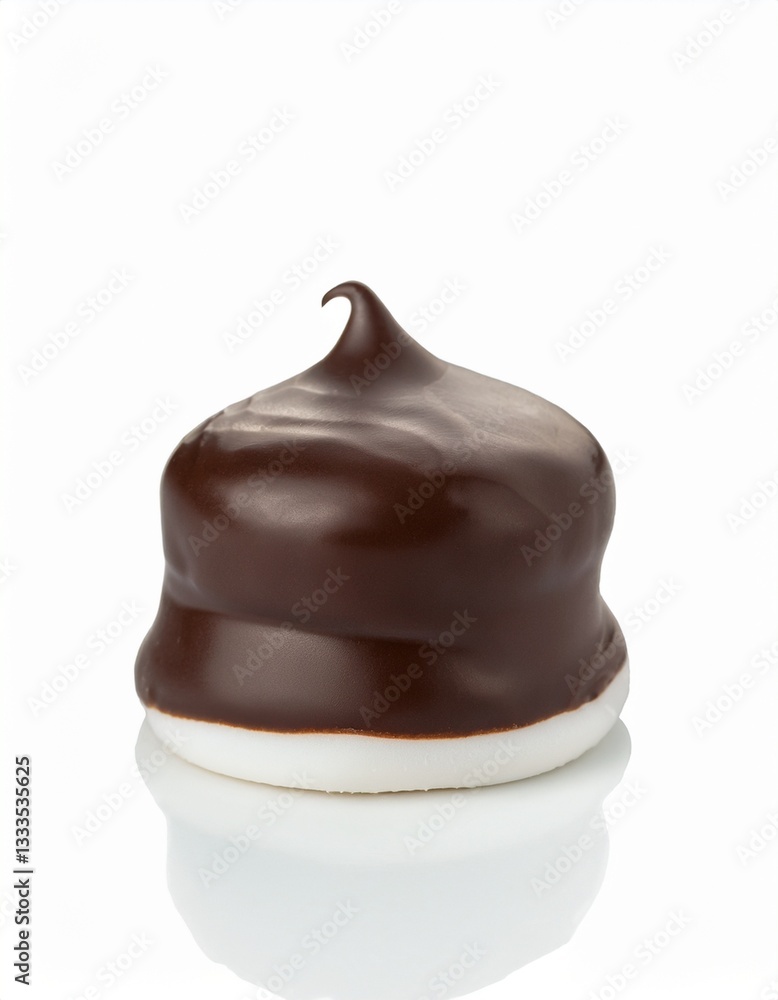 Obraz premium Single chocolate-covered marshmallow candy on a white background. Rich, dark chocolate topping and creamy white base.