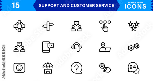 Support and Customer Service Tools Icon Set. Effective Icons for Service Support, Helpdesk Management, Client Queries, and Assistance