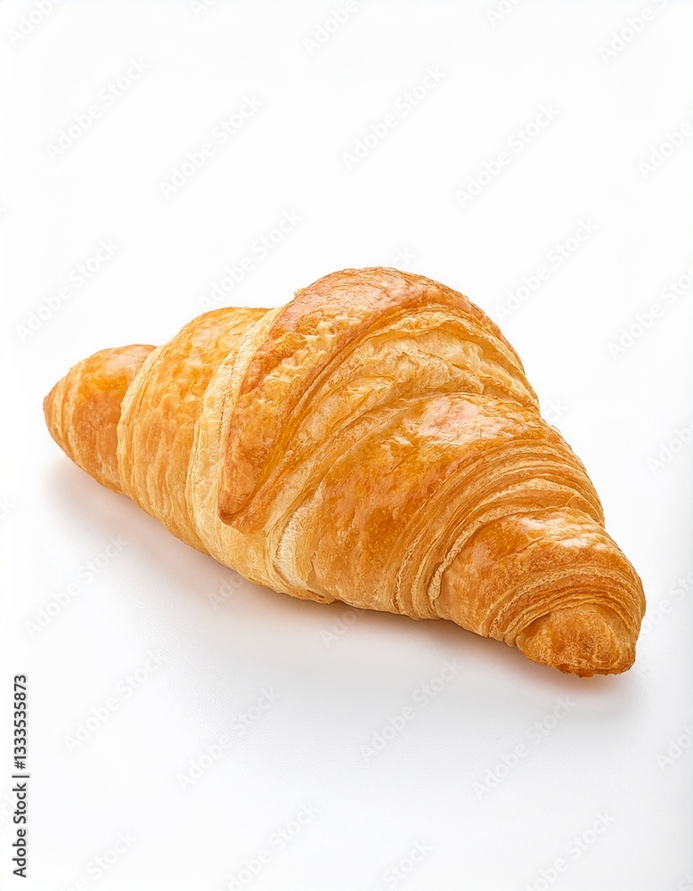 Golden-brown croissant on a white background. Flaky layers and a rich, buttery aroma are suggested by this delicious-looking pastry. Golden-brown croissant on a white background. Flaky layers and a rich, buttery aroma are suggested by this delicious-looking pastry.
