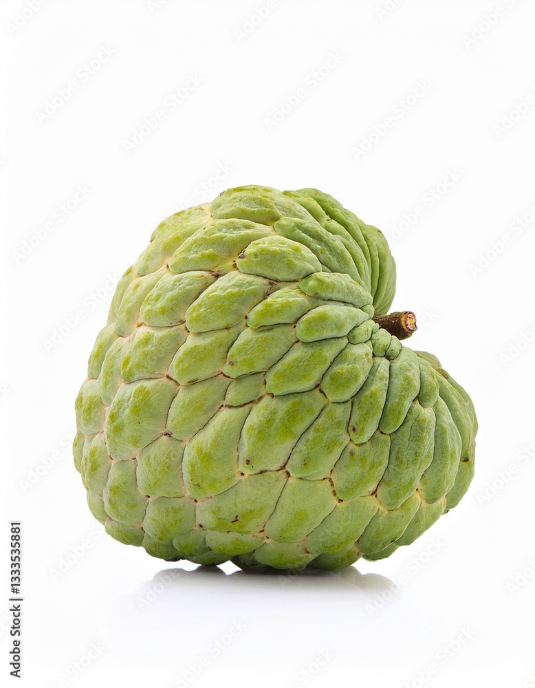 A single cherimoya fruit, showcasing its unique textured skin and vibrant green hue, sits on a clean white background. A single cherimoya fruit, showcasing its unique textured skin and vibrant green hue, sits on a clean white background.