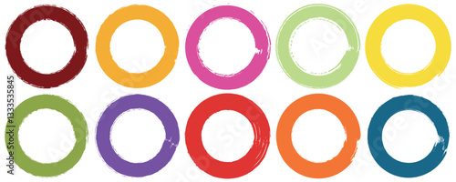 Set of grunge circles colorful shape, Vector brush circle. Grunge round shape. Round brush painted circle brush stamps. Vector illustration,