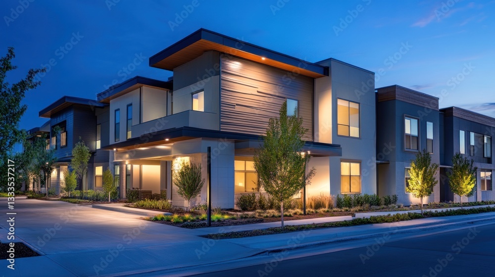 Contemporary apartment complex at dusk offers modern living spaces and community Contemporary apartment complex at dusk offers modern living spaces and community