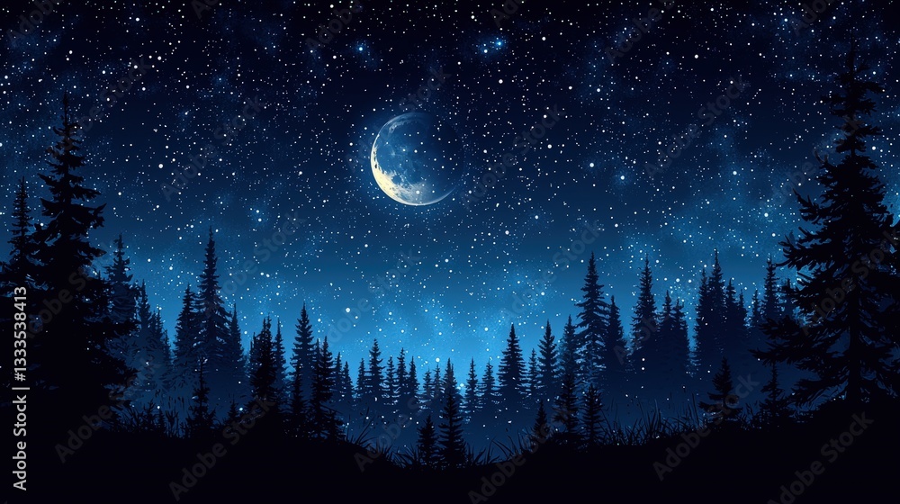 Fototapeta premium Serene Night Landscape with Bright Stars and Crescent Moon Over Dark Forest Silhouette