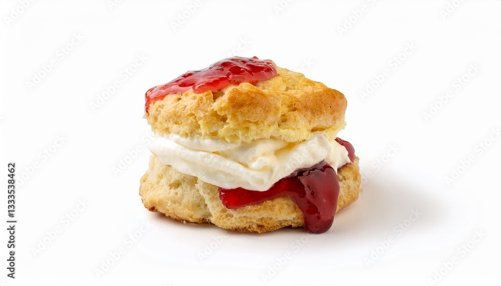 A delectable scone, generously topped with whipped cream and strawberry jam.  The perfect afternoon treat!
