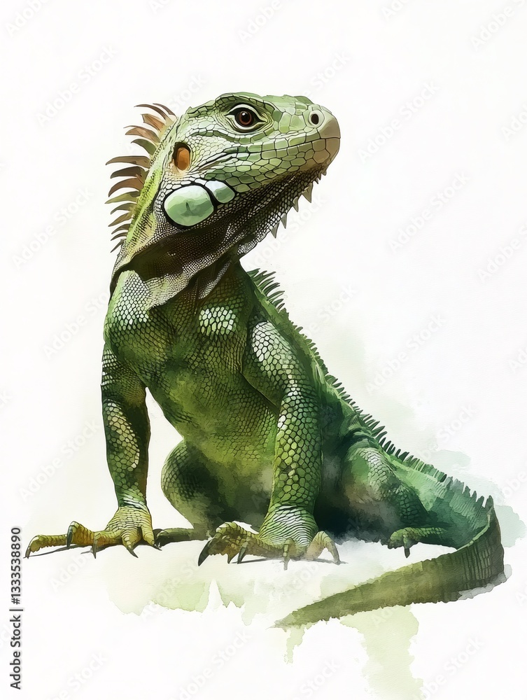 Obraz premium Green iguana posing in watercolor painting style