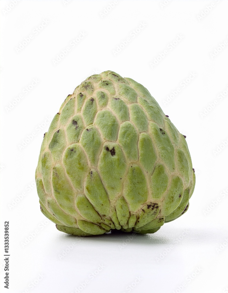 Fototapeta premium A single cherimoya fruit sits on a white background. Its textured, green skin is highlighted, showcasing the unique appearance of this tropical fruit.