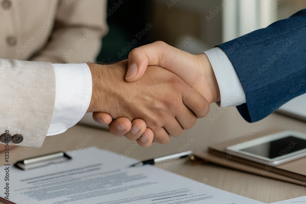Two business partners shake hands enthusiastically after finalizing their agreement in a contemporary office, symbolizing the beginning of a successful collaboration Two business partners shake hands enthusiastically after finalizing their agreement in a contemporary office, symbolizing the beginning of a successful collaboration