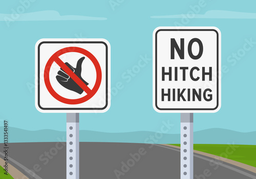 Traffic regulation rules and driving tips. Close-up of a two types of United States "No hitchhiking" sign. Flat vector illustration template.