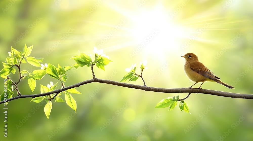 Obraz premium Bird on spring branch, sunlit forest, new leaves. Nature postcard, spring