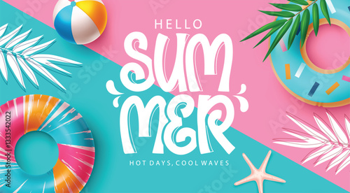 Hello summer greeting text with summer vector elements on colorful abstract background. Hello summer greeting text with summer vector elements. Vector illustration.