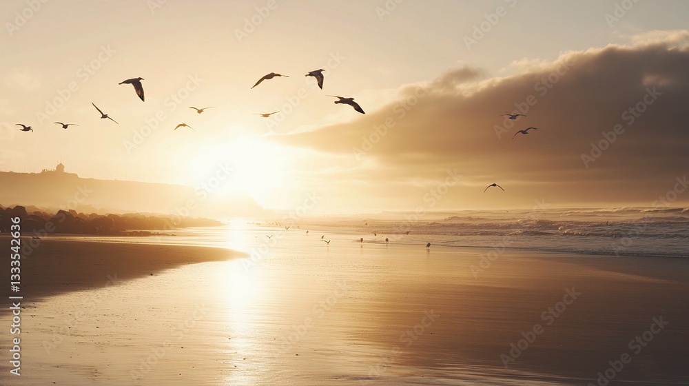 Obraz premium Serene Beach with Seagulls Flying Above at Sunrise on Calm Waters