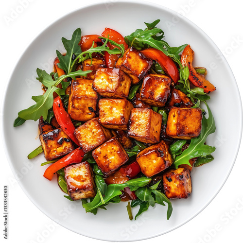 Stir-Fried Tofu in Asian Style with Vegetables and Teriyaki Texture on Transparent Background