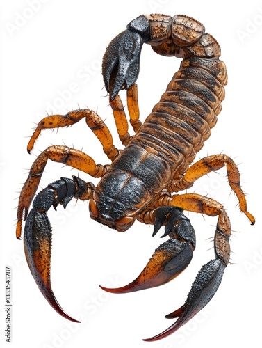 Giant desert hairy scorpion raising its claws on white background photo