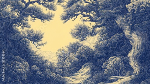 Detailed Blue and Beige Forest Canopy Illustration