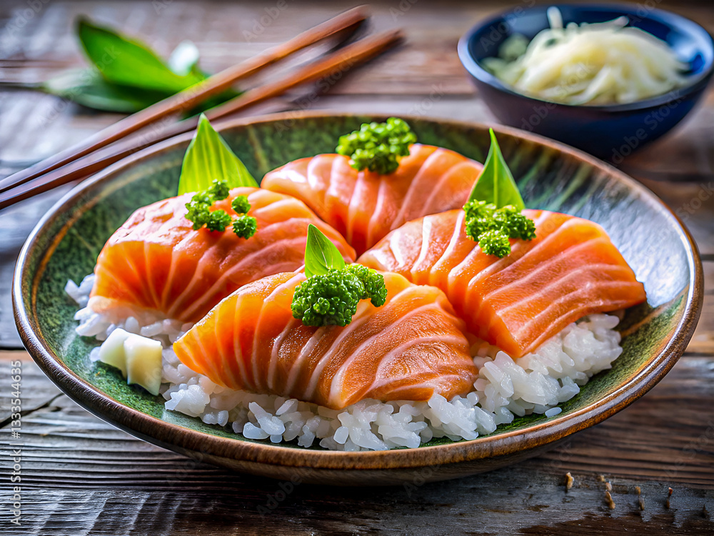 Tasty salmon sashimi with rice and seasoning. Delicious food background Tasty salmon sashimi with rice and seasoning. Delicious food background