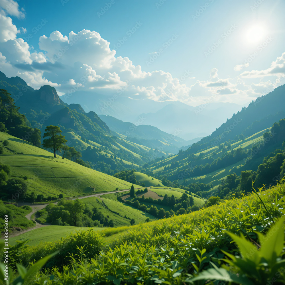 Fototapeta premium Summer mountain panorama with green grass and blue sky