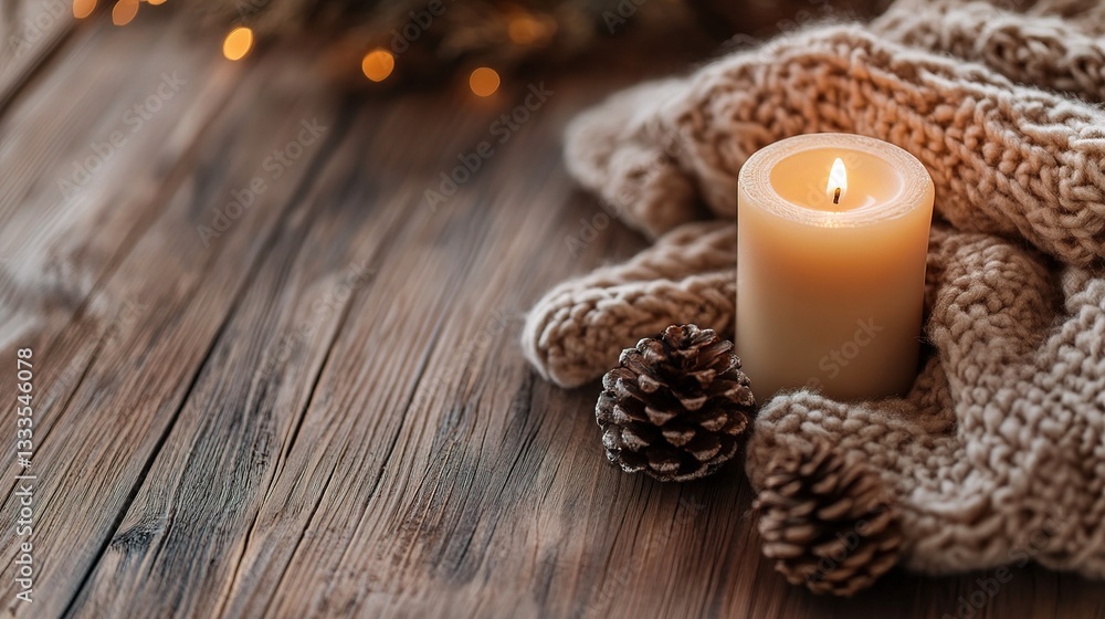 Cozy Rustic Candle on Wooden Background with Warm Natural Tones Cozy Rustic Candle on Wooden Background with Warm Natural Tones